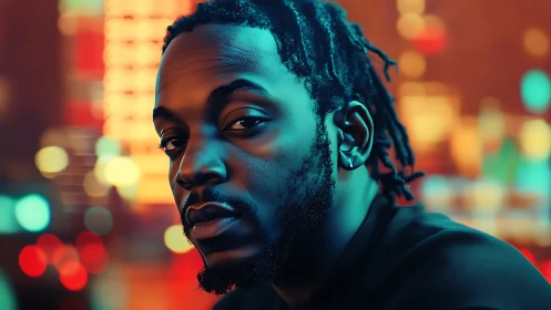 Portrait shows man with short locs against neon city lights
