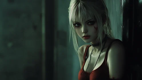 Brooding cyber girl in green-lit corridor, cinematic mood.