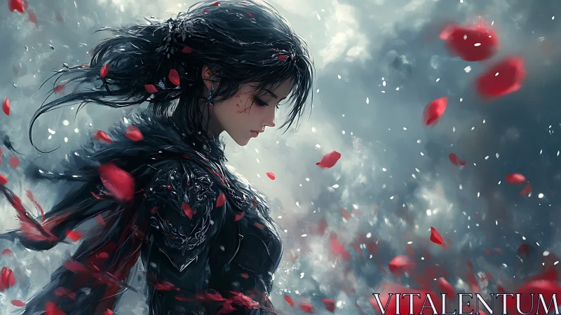 Warrior maiden amid swirling petals in moody digital art.