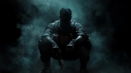 Shadow crouched soldier in teal war fog, ready to strike.