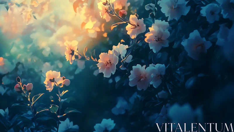 Golden Hour Garden Blooms with Serene Blue Twilight Magic