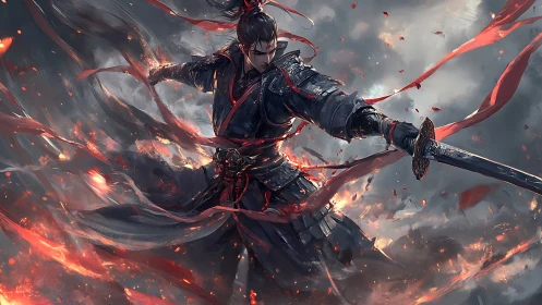 Warrior in dark armor slashing through swirling firestorm.