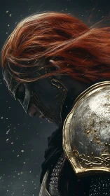 Armored warrior profile with dynamic red hair and gilt steel.