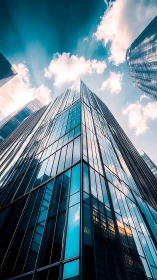 Glass skyscraper rising into blue sky with bright clouds.