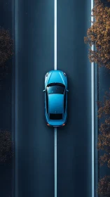 Aerial view isolates a blue sports car on desaturated highway