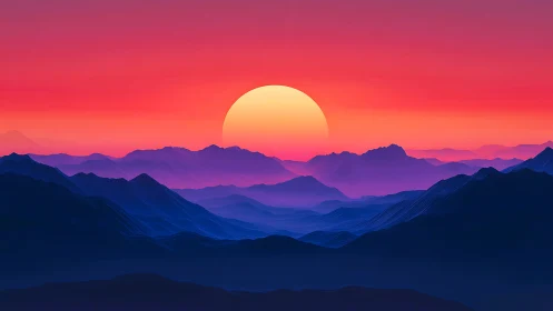 Neon twilight sun melts over dreaming indigo mountain waves.