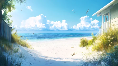 Sunlit beach cottage quietly rehearses a perfect summer day