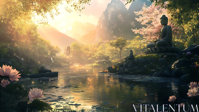 Sunlit Buddha sanctuary above a lotus jeweled river valley.