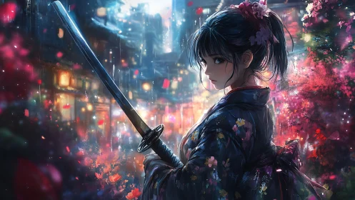 Samurai girl holds drawn katana in neon lit night alley