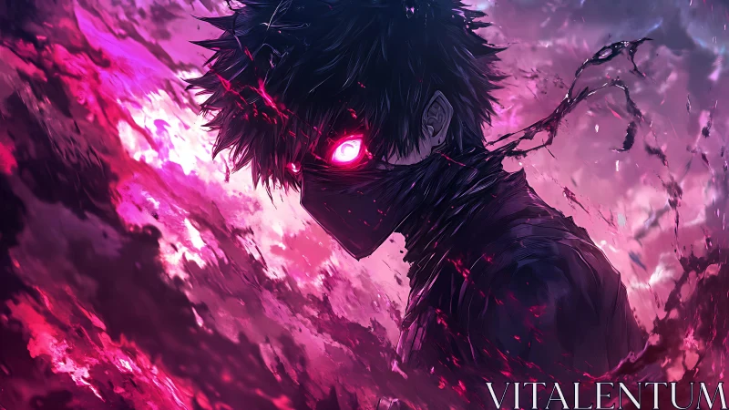 Masked anime figure with glowing eyes in swirling energy field.