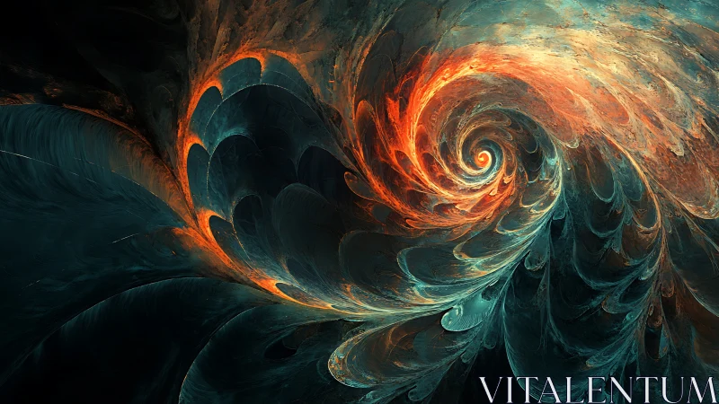 Fiery cosmic spiral unfurls in swirling teal and amber light