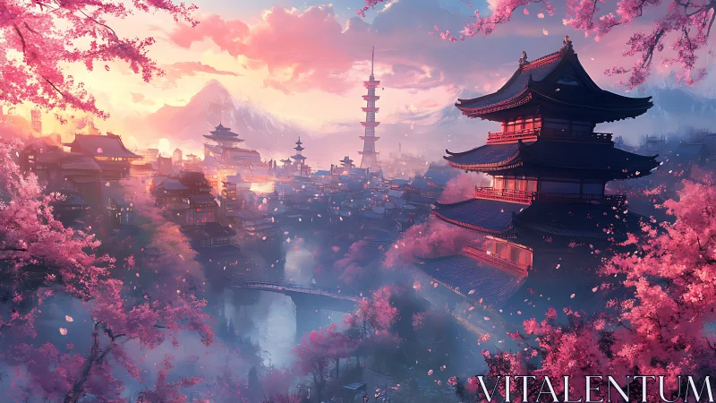 Twilight cherry blossoms over tiered temples and river city.