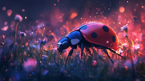 Midnight ladybug patrols a neon meadow of dreamlit dew