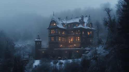 Gothic manor illuminated in dense winter fog with warm window glow