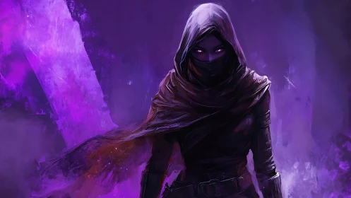 Mystic hooded rogue glowing softly in violet shadows.