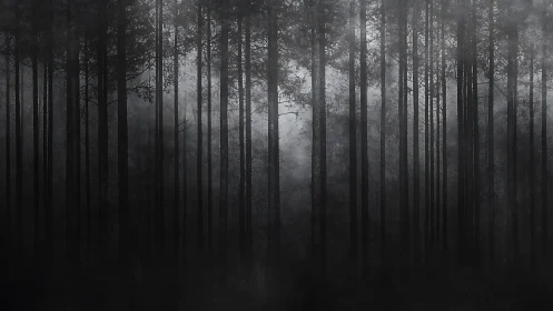 Silent sentinels rise in a monochrome misted forest veil.