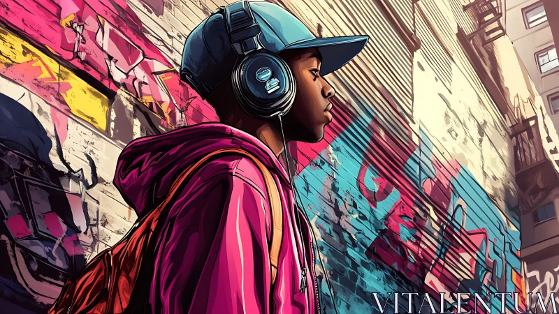 Side-profile view of youth with headphones near graffiti wall