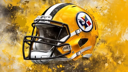 Golden football helmet explodes through abstract paint field.