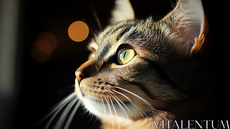 Tabby Cat Portrait with Golden Eyes in Dramatic Light.