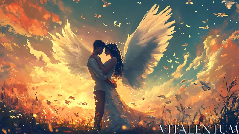Winged lovers embrace in radiant sunset fantasy field.