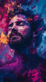 Man’s tranquil face dissolves into vivid abstract nebula.