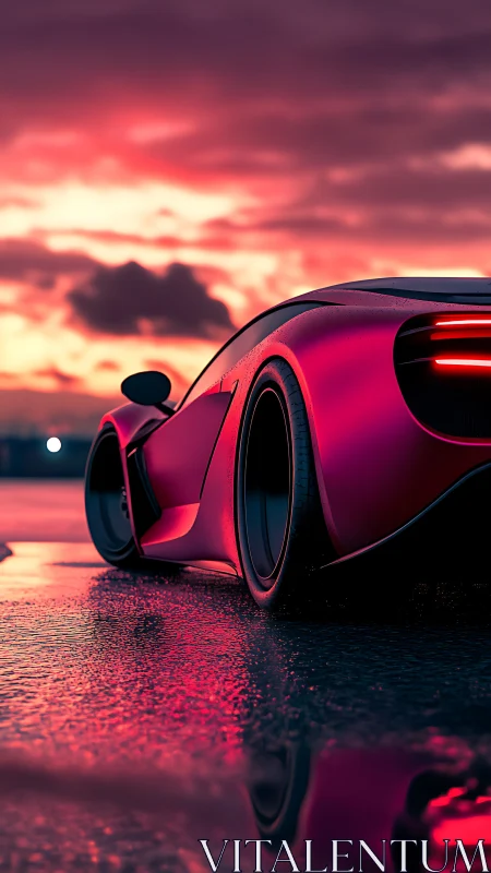 Sunset-lit red supercar waits on wet pavement for night drives