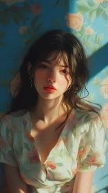 Young woman sits in soft light against floral blue backdrop