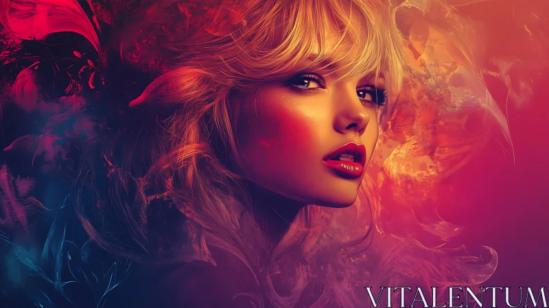 Digital portrait of woman in vivid red and orange light.