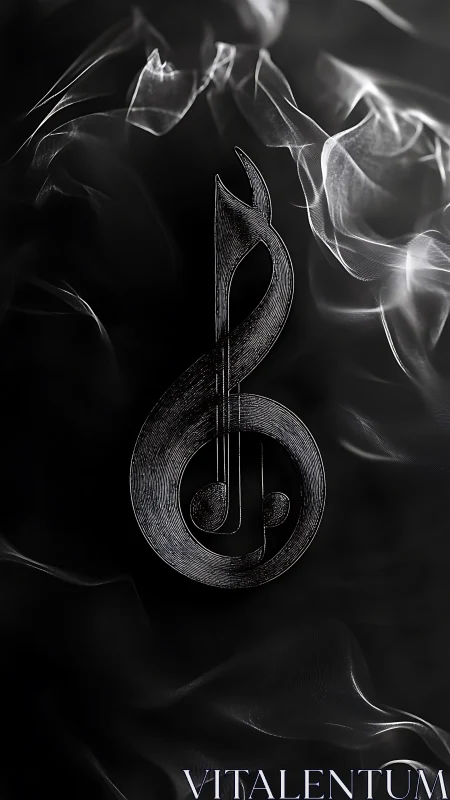 Monochrome musical note emblem on swirling smoke backdrop.