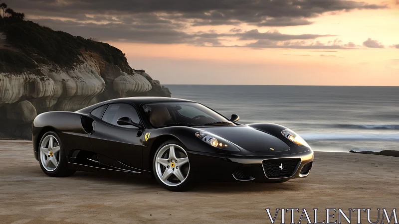 Photorealistic black supercar in coastal sunset setting.