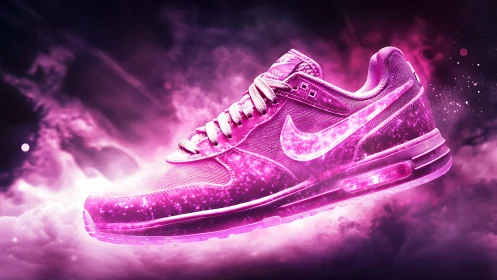 Digitally rendered athletic shoe exhibits neon pink glow effects