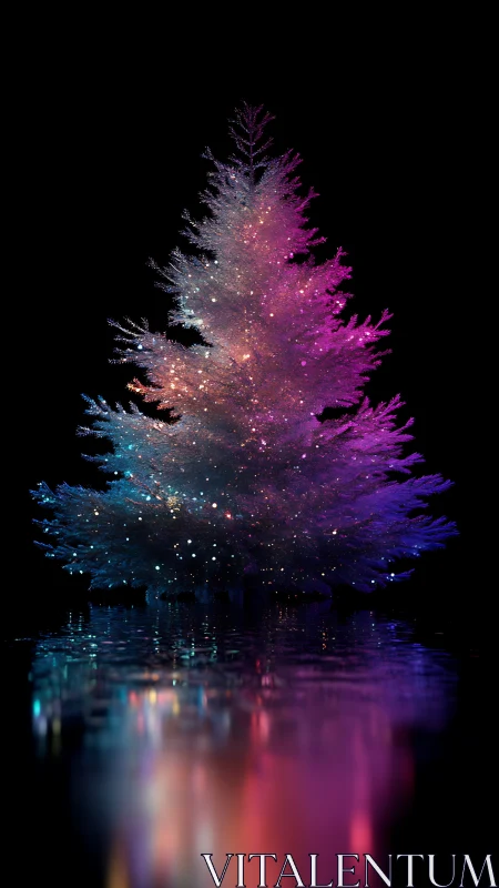 Iridescent neon tree rendered with reflective water base.