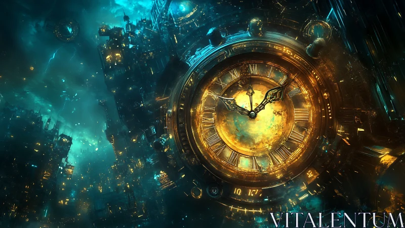 Giant luminous clock drifts in a futuristic cosmic city of time
