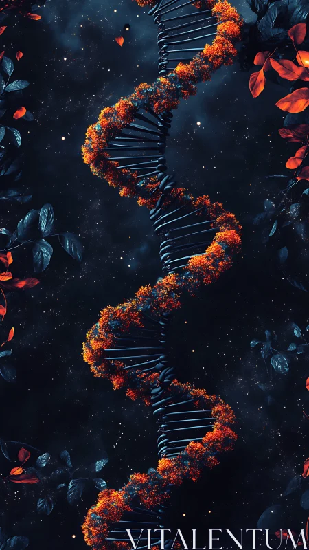 Floral DNA helix glows against deep cosmic night sky.