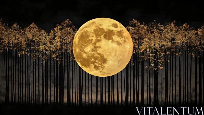 Golden Moon Rises Above Silhouetted Forest