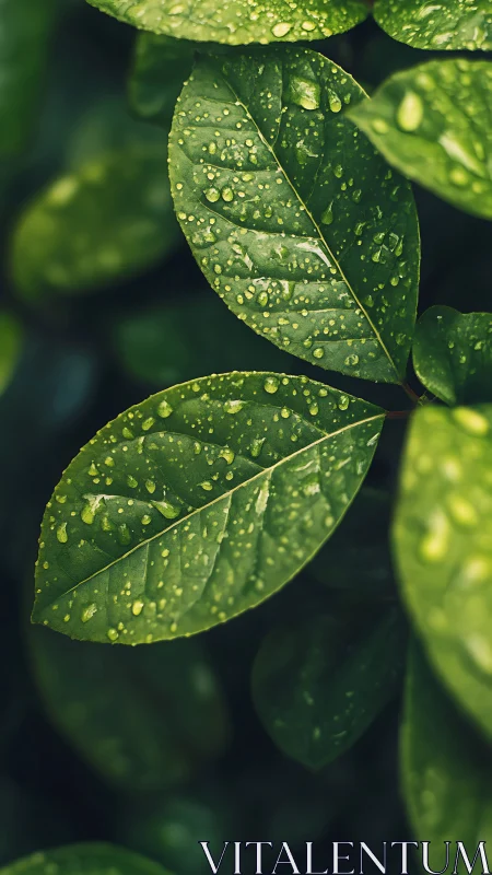 Raindrops rest on glossy green leaves in sharp close focus