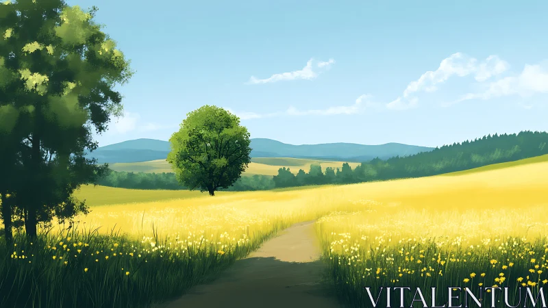 Sunlit meadow path rendered with soft gradients and depth cues