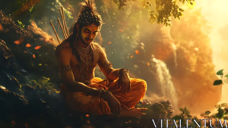 Golden forest meditation beside a gentle hidden waterfall.