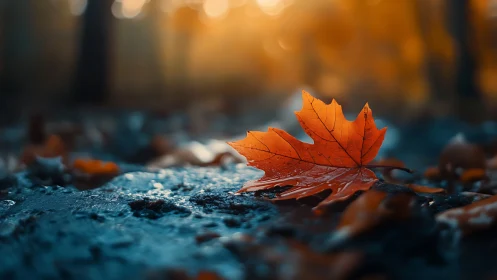 Wet orange leaf on dark ground in soft autumn light.