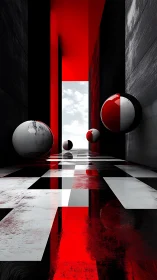 Spheres hover in geometric red and black corridor space.