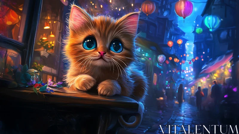 Digital painting kitten with glowing blue eyes in neon-lit urban street