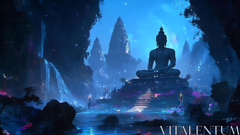 Luminescent canyon temple with colossal meditative Buddha statue
