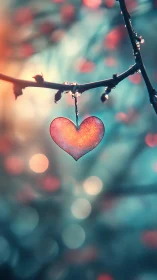 Red Heart Suspended on Frost-Covered Branch.