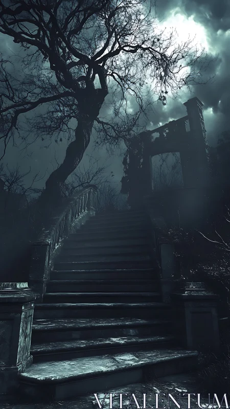 Stone staircase leads to ruined structure under storm clouds