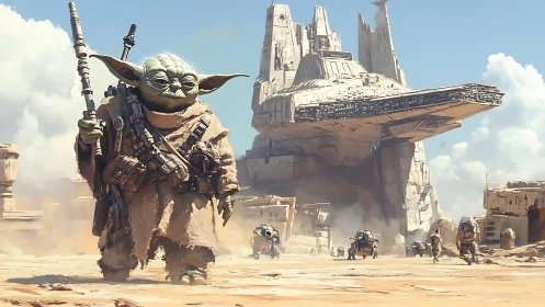 Armored alien wanderer crosses desert before monolithic starship