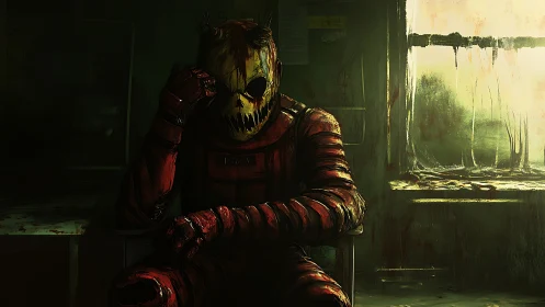Masked figure sits in decayed interior beside bright window