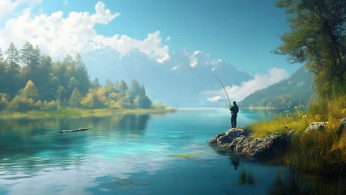 Solitary angler stands beside turquoise mountain lake at dawn