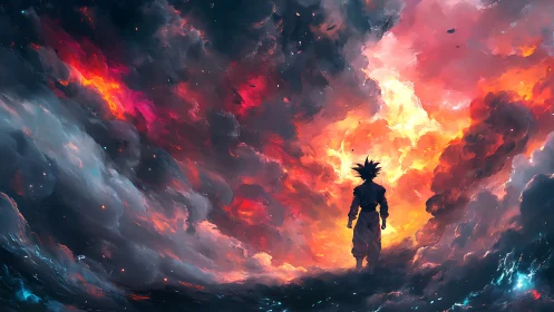 Lone warrior welcomes a storm of fire and swirling sky.