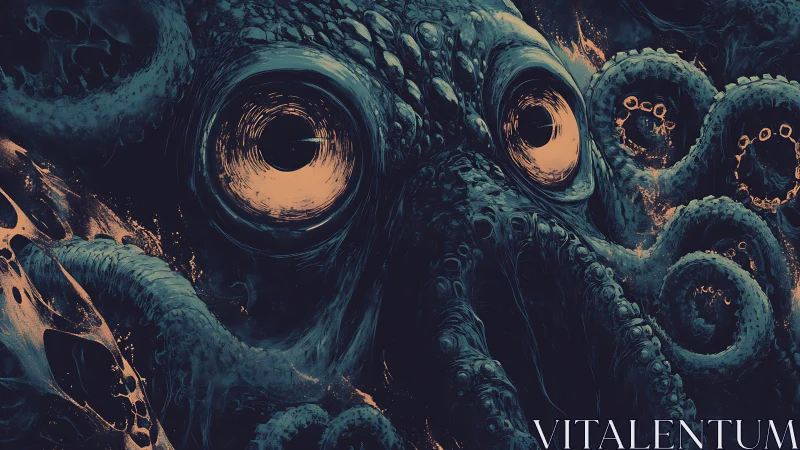 Midnight abyssal cephalopod staring through molten halos.