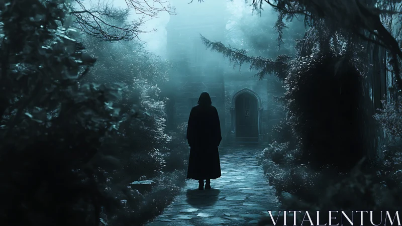 Cloaked wanderer approaches a moonlit, mist-veiled manor gate.